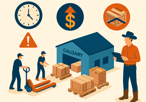 Calgary Stampede vendor booth setup with pallets of merchandise staged for delivery