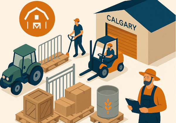 Large farm equipment staged in a Calgary warehouse before delivery to Aggie Days at BMO Centre.