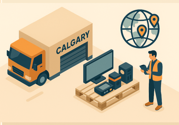 Sensitive mapping equipment staged in a Calgary warehouse before the GoGeomatics Expo.