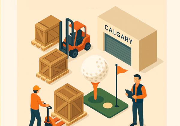 Oversized golf course management equipment staged in a Calgary warehouse before delivery to the trad