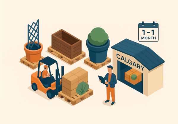 Bulky home and garden displays staged in a Calgary warehouse between trade show days.