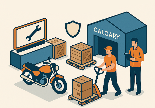 Motorcycles and exhibitor crates staged in a Calgary warehouse before delivery to the Motorcycle & P