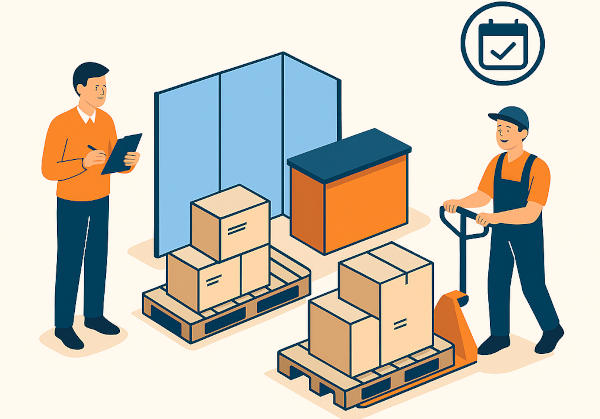 Trade show booth materials staged in a Calgary warehouse for the Alberta Municipalities Convention.