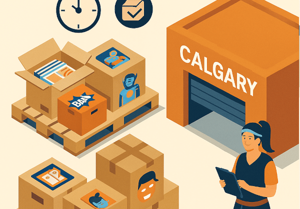 Vendor pallets and displays staged in a Calgary warehouse before delivery to Calgary Expo.