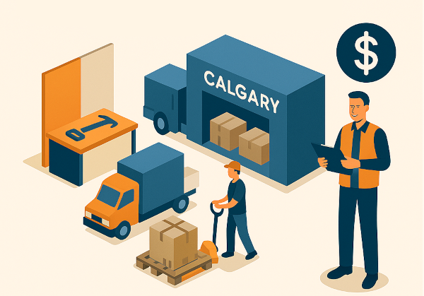 Large renovation show displays staged in a Calgary warehouse before delivery to BMO Centre.