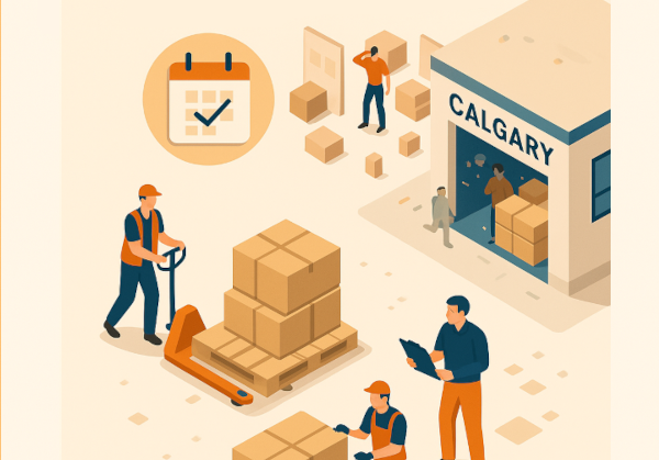 Exhibitor booth materials staged in a Calgary warehouse before the CCTC Teachers’ Convention.