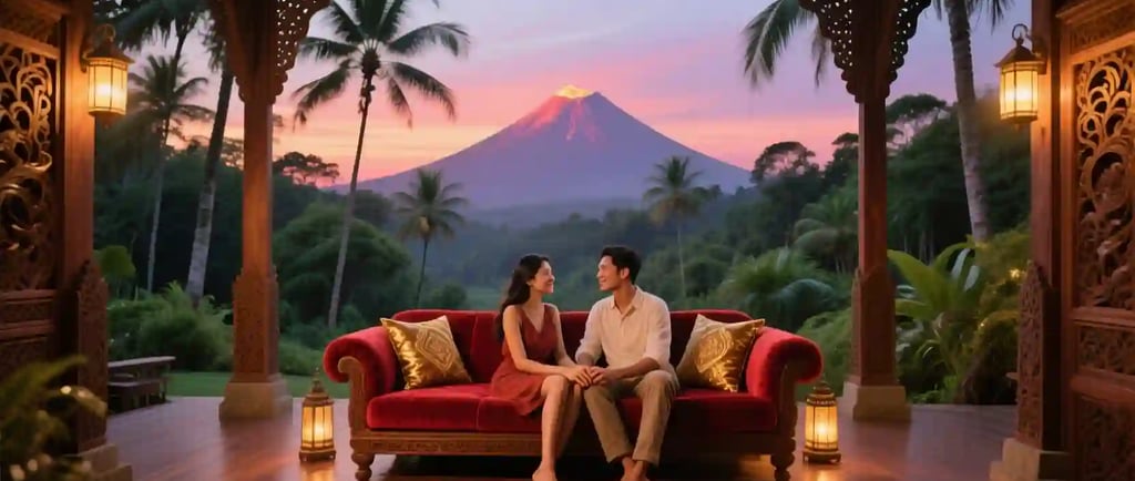 A couple in a romantic resort smiles at each other while seated on a red sofa with golden pillows. They are on a covered terr