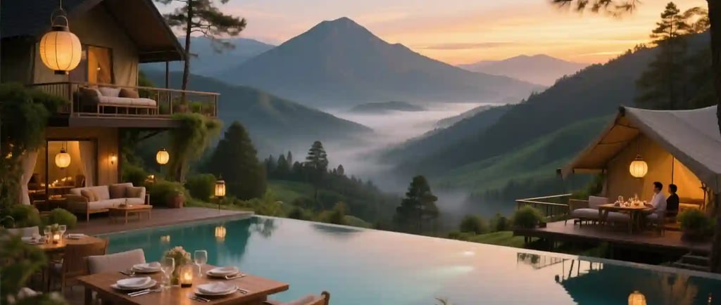 A luxurious glamping resort in East Java at sunset. A beautifully lit infinity pool is flanked by stylish glamping tents and 