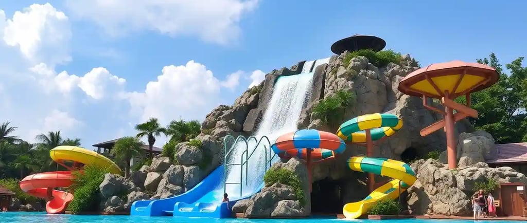 Ilustrasi Waterpark terbaik di Indonesia, dengan ada bebatuan yang padu padankan perosotan waterpark yang besar diarsipkan Eb