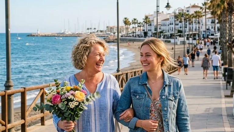 A mother and daughter walking arm-in-arm along a sunny coastal boardwalk, each holding a vibrant bouquet of flowers.