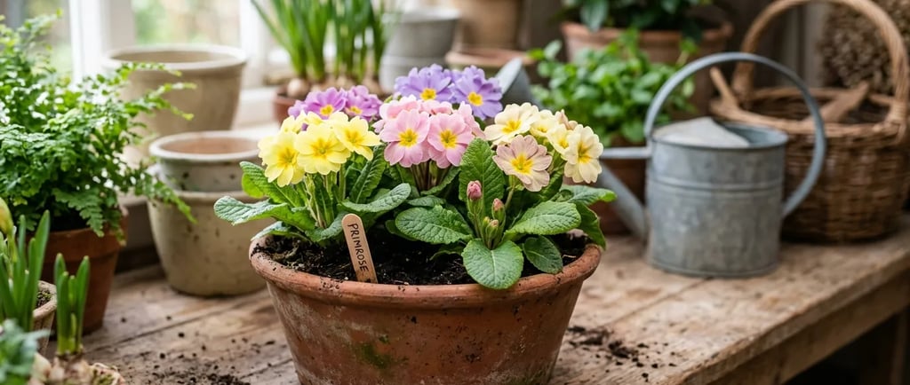 Collection of yellow, pink, and purple primrose flowers blooming in a terracotta pot on a wooden workbench in a garden shed.