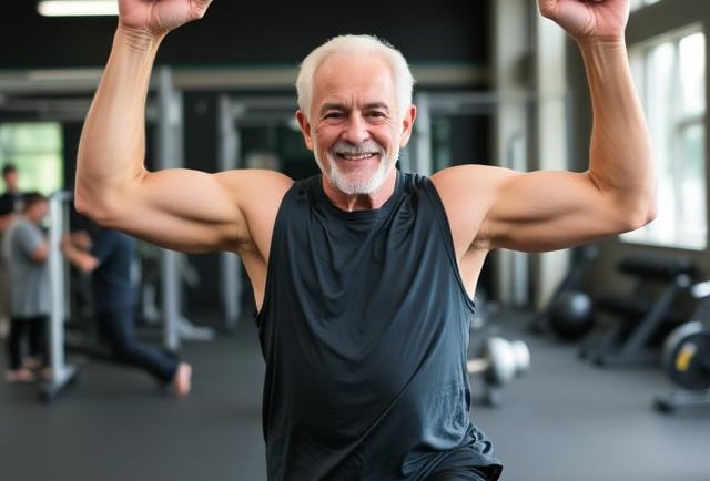 Active seniors smiling and exercising together in a friendly fitness class