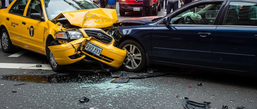 Imagen que muestra un accidente entre un taxi y un vehiculo en una ciudad en una interseccion de cal