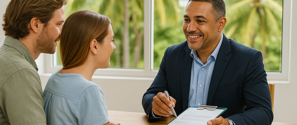 Bilingual Dominican insurance broker advising a foreign couple in a tropical office setting in the D