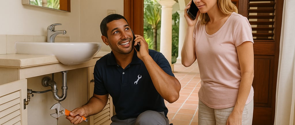 A Dominican home technician fixing a leak in a tropical-style villa while speaking with a foreign ho