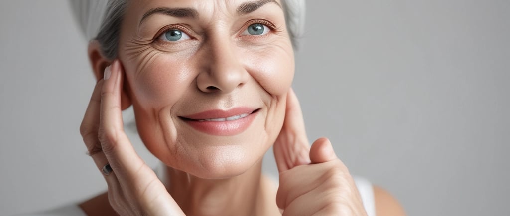 Close-up of a mature woman's hand gently applying retinol cream to her skin, with soft natural lighting highlighting texture and care.