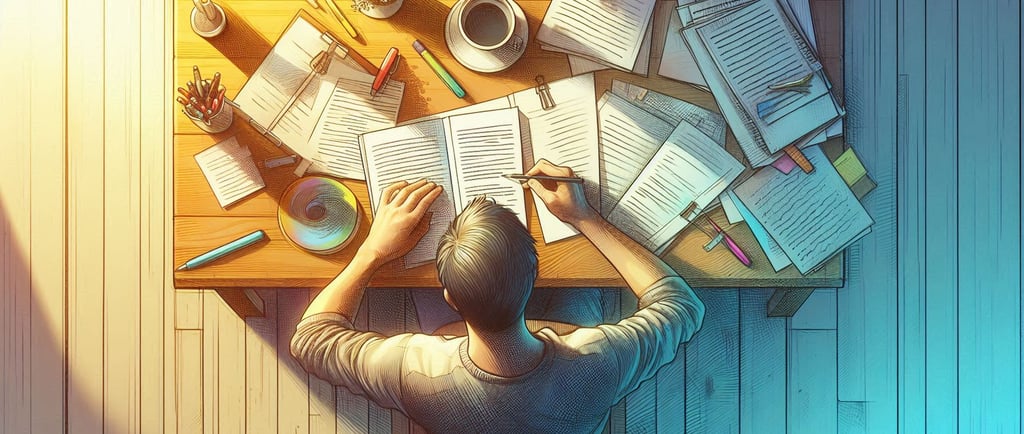 Illustration of a writer sitting at a table analyzing the manuscripts of his book