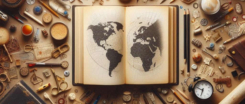 An illustration representing the idea of a literary journey around the world with a world map drawn