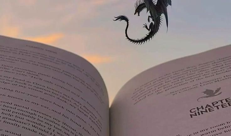 A person reading a book while dragons fly in the sky