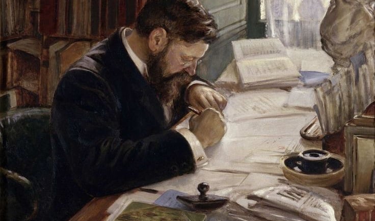 Painting of a nineteenth-century man reviewing papers