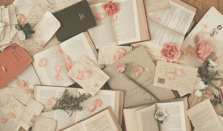 A photo showing several books and roses