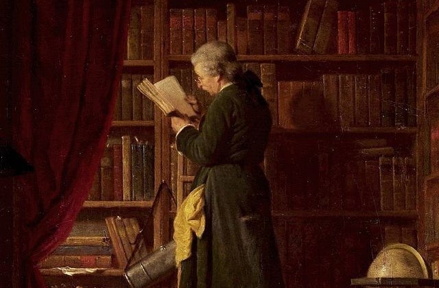 A painting of an aristocrat man reading a book in a library