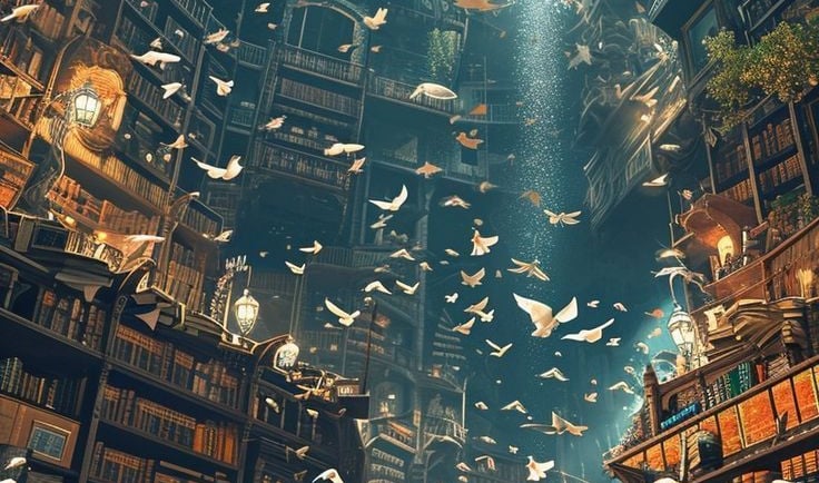 A girl entering a magical library with thousands of books and hundreds of paper birds flying