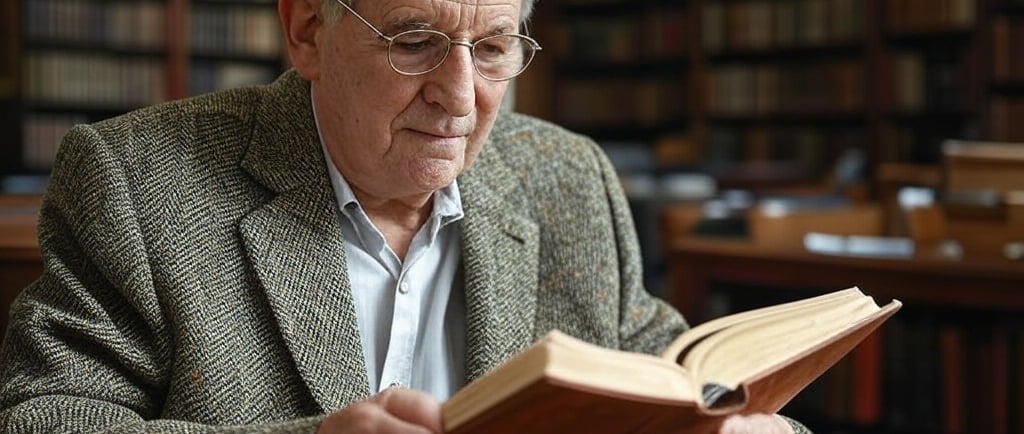 An elderly man reading a book in a public library