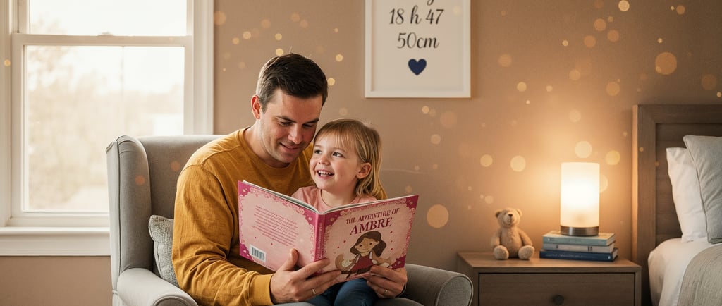 Parent qui lit une histoire à son enfant, cadre de calligraphie de naissance sur le mur en fond