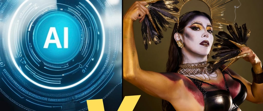 Split screen showing a glowing digital AI interface versus a person in artistic golden makeup and costume.