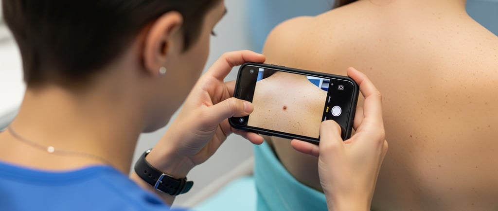 Doctor taking a photo of a skin lesion on a patient's back