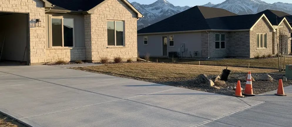 Newly installed concrete driveway in Riverton, Utah, with clean broom finish texture