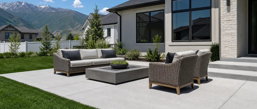 New concrete patio installation in a Riverton, Utah backyard with clean finish, patio furniture, and a well-kept lawn.