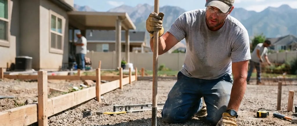 Concrete contractor preparing gravel base and soil compaction before a residential concrete pour in Riverton, Utah