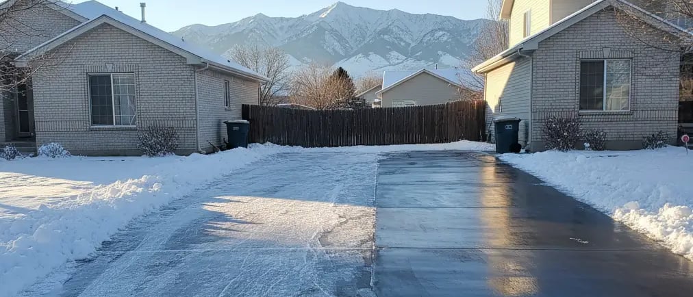 concrete driveway in Riverton, Utah, half covered with frost and half freshly sealed