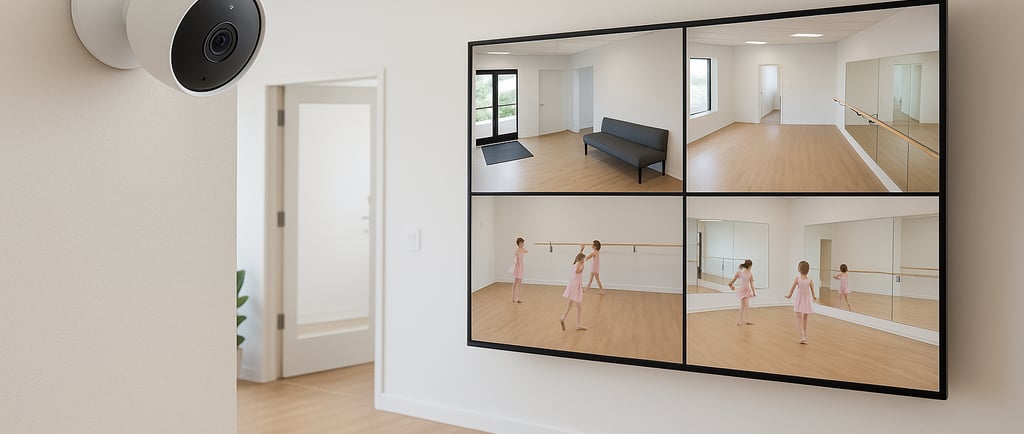 Google Nest cameras monitoring a dance studio lobby