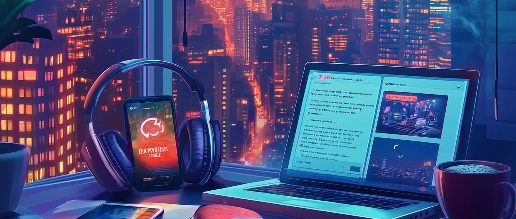 a laptop computer sitting on a desk with a tablet, a cell phone and headphones