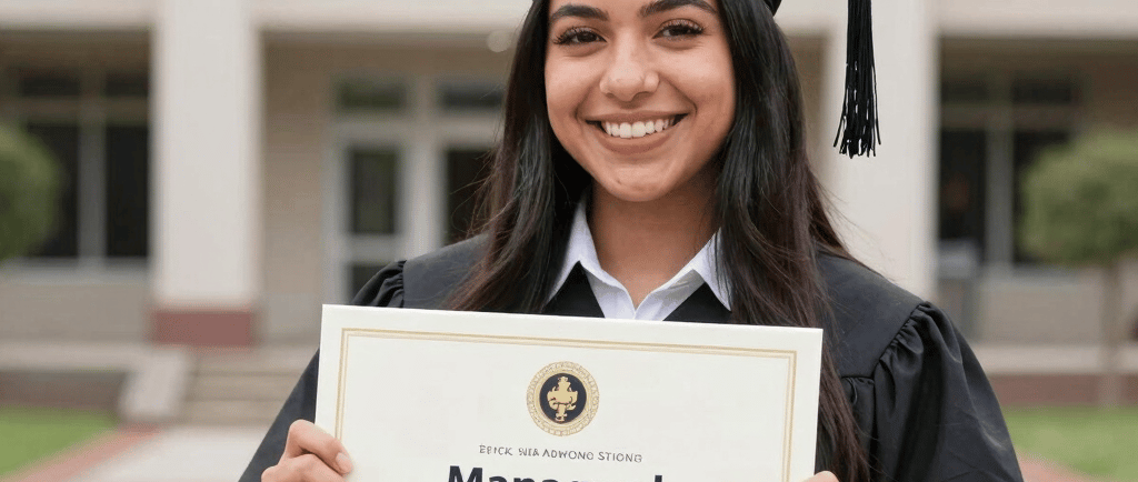 A person wearing a graduation cap and gown is holding a certificate, standing indoors. The background features people and a wall with blue lighting.