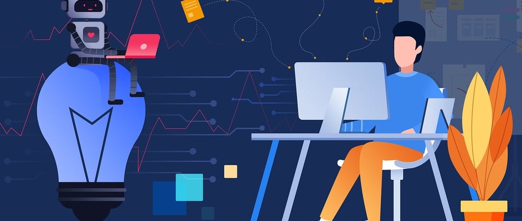 Illustration of man utilizing personal computer at desk