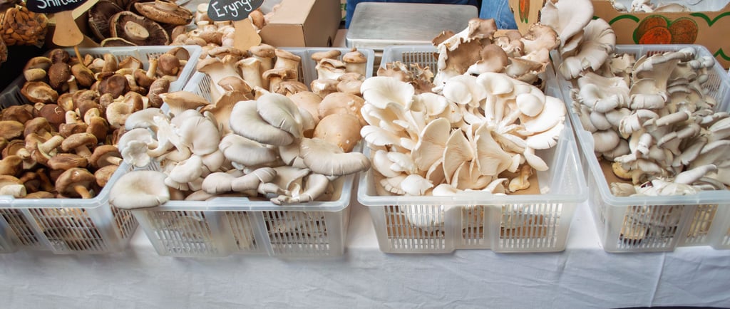 a table with a variety of mushrooms and mushrooms