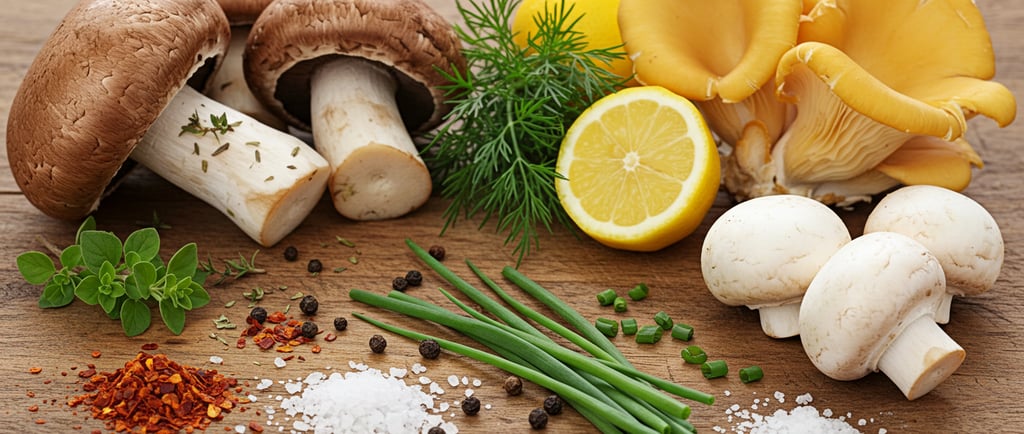 mushrooms and mushrooms are on a wooden table