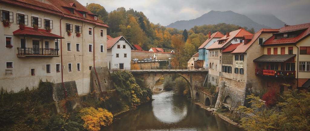 a bridge over a river with houses and trees