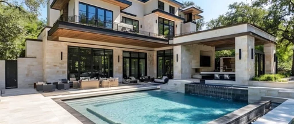 A gorgeous modern home exterior with pool