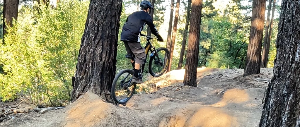 Mountain biker struggling to get the rear wheel to lift off a small jump
