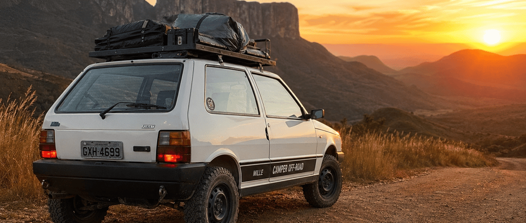 White Fiat Uno camper off-road vehicle parked on a mountain dirt road during a golden sunset.
