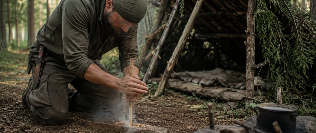 A survivalist man starts a friction fire using a hand drill near a primitive bushcraft shelter in the forest.