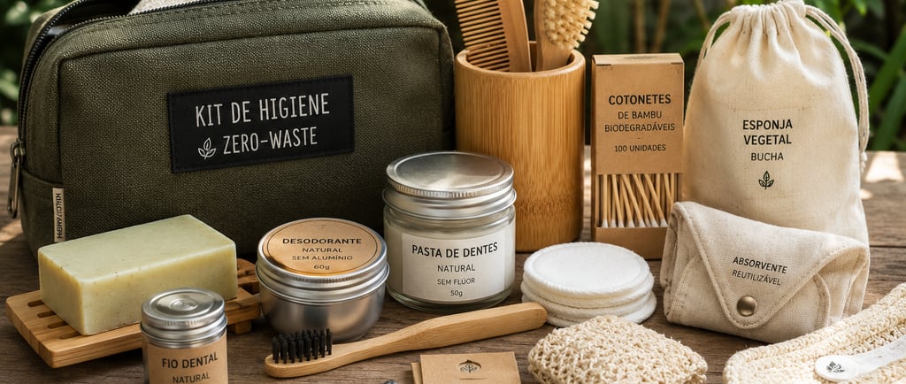 Sustainable zero-waste hygiene kit with bamboo toothbrush, natural soap, and eco-friendly toiletries on a wooden table.