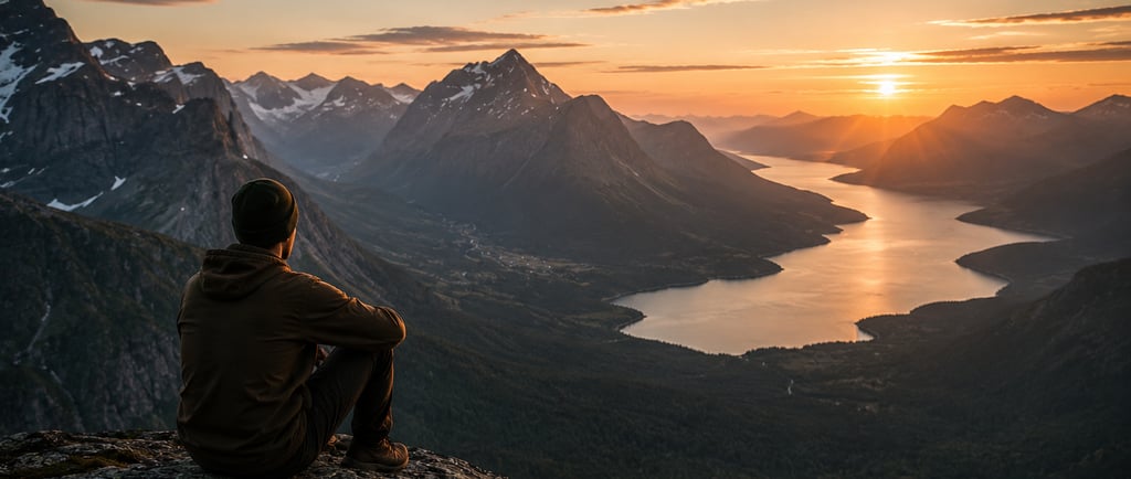 A lone hiker sitting on a rocky peak overlooks a scenic mountain valley and fjord at sunset.
