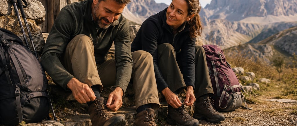 A couple tying their leather hiking boots while resting on stone steps during a mountain trek.