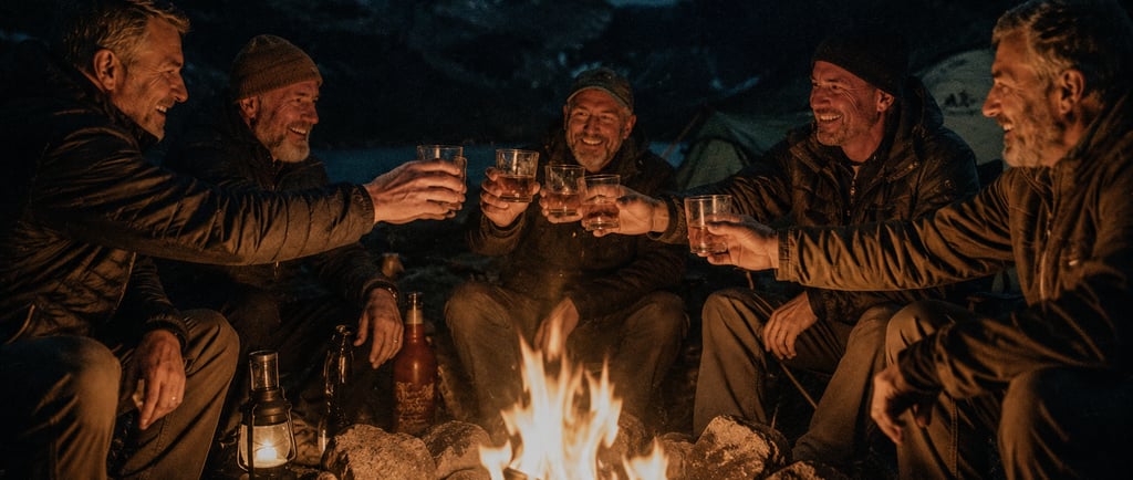 A group of male friends toasting with whiskey glasses around a warm campfire while mountain camping at night.